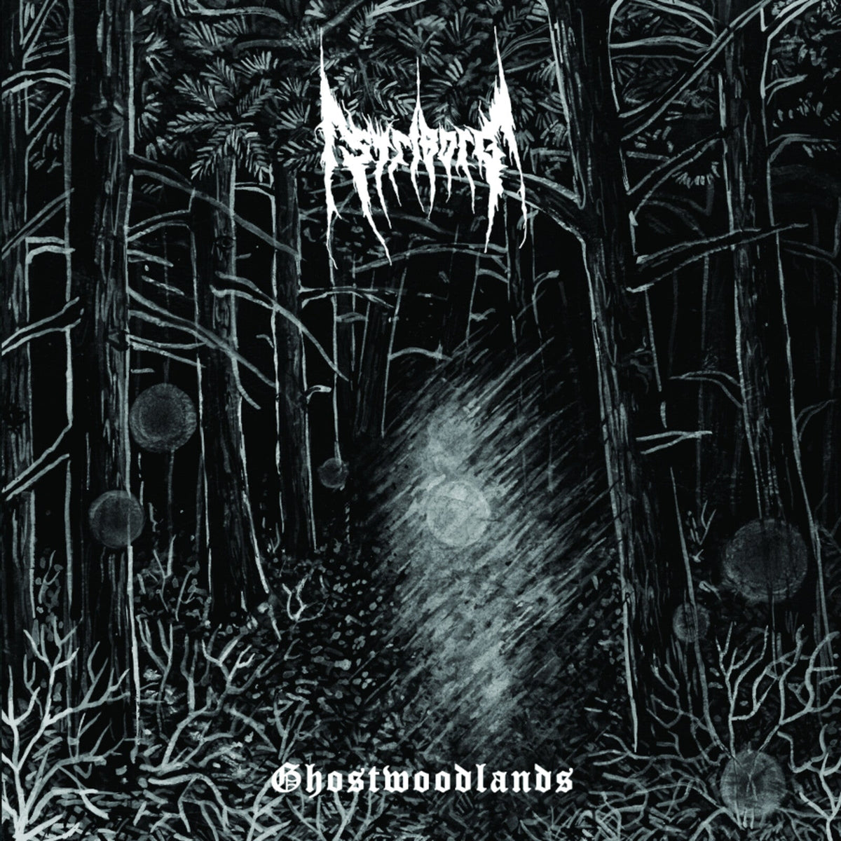Black and white illustration of a dense, ghostly forest with band logo.