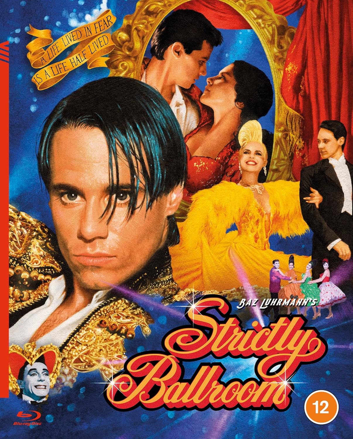 “Strictly Ballroom” Blu-ray cover featuring dancers in vibrant costumes and a portrait.