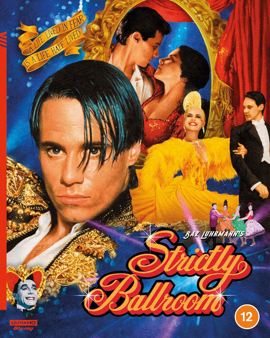 Strictly Ballroom" Blu-ray cover featuring dancers and a close-up of a man’s face.