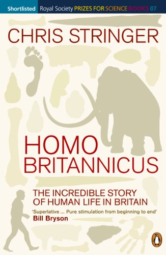 Book cover: "Homo Britannicus" with footprints, mammoth, and bone illustrations.