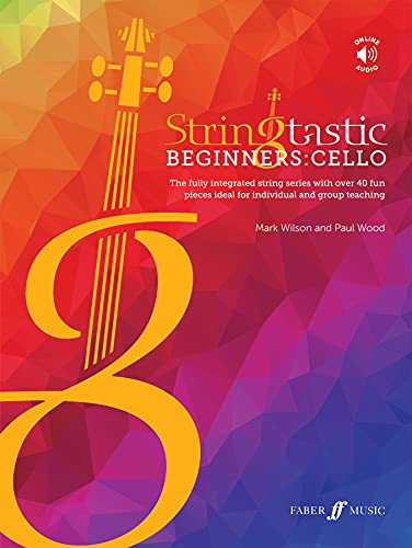 Cello instruction book cover with colorful geometric background.