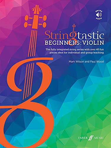 Violin instruction book cover with colorful geometric background.