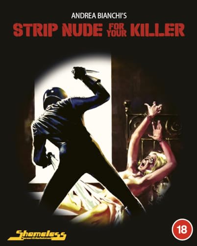 A masked figure in black raises a knife over a woman on a bed.
