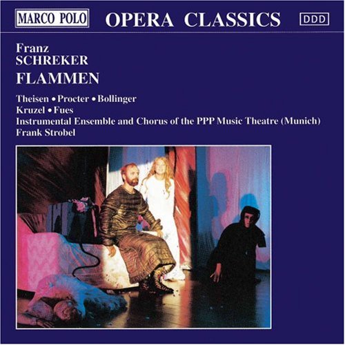 CD cover for Franz Schreker’s opera *Flammen*, featuring stage performers.