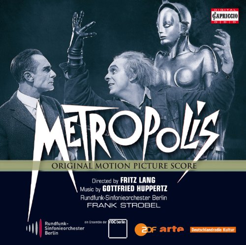 CD cover for “Metropolis” film score, featuring robotic and human figures.