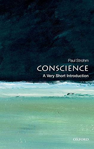 Book cover: "Conscience" by Paul Strohm, with abstract blue and green paint.