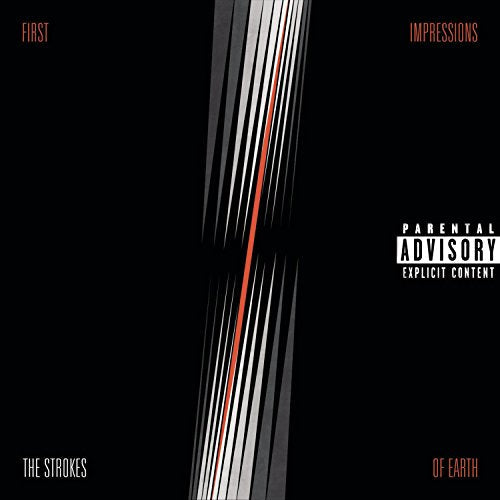 The Strokes album cover: black background with angled white and red lines.