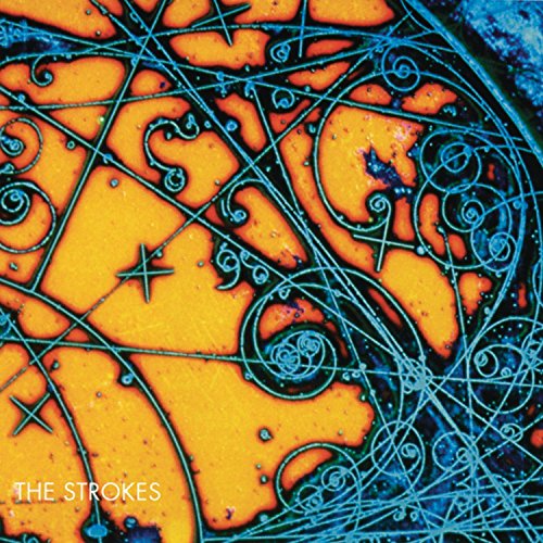Is This It" album cover by The Strokes, abstract orange and blue design.