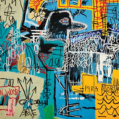 Abstract painting with a bird-like figure, bold blue, yellow, and black graphic lines.