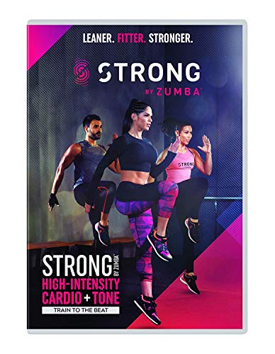 Three people performing high-intensity fitness exercises on a Strong by Zumba DVD cover.