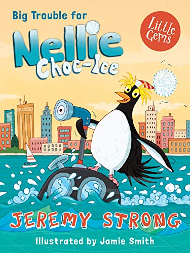 Penguin Nellie Choc-Ice riding a robotic vacuum in a city harbor.