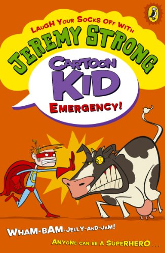 Book cover: Cartoon Kid superhero facing a surprised, large cow.