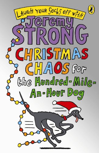 Book cover with cartoon greyhound wearing a Santa hat, colorful text.