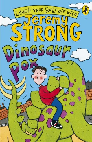 Book cover: boy riding a green dinosaur, illustrated style.