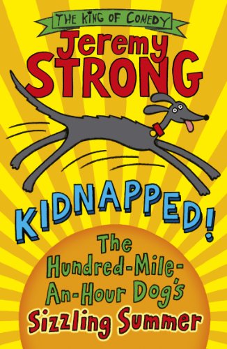 Cartoon of a greyhound with red collar against a yellow, sunburst background.