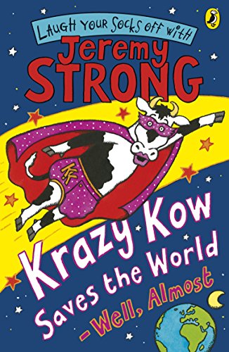 Cartoon cow superhero flying with Earth below, book cover illustration.