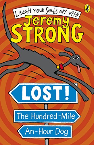 A cartoon dog leaps over three blue signposts against an orange swirling background.
