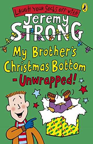 Book cover with a smiling boy pointing to legs sticking out of a gift.