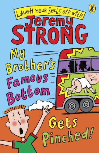 Book cover: cartoon boy pointing at a bus with a baby’s bottom.