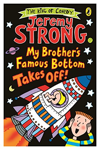 Book cover: rocket with baby, boy looking up, colorful text.
