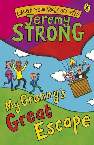 Book cover: Granny and family escaping in a hot air basket.