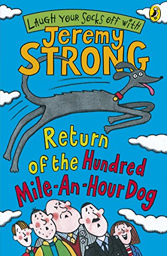 Book cover: cartoon greyhound flying over children, bright blue sky.