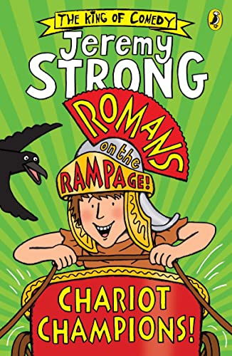 Book cover: cartoon Roman boy in a chariot, with a raven.