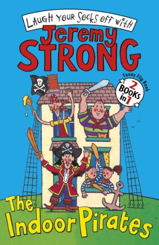 Cartoon pirates and a house with a chimney, book cover illustration.