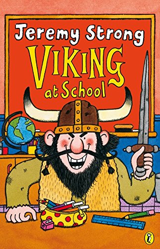 Cartoon Viking with horns and sword sits at a school desk.