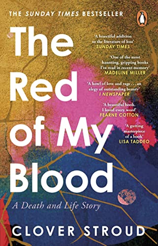 Book cover: “The Red of my Blood” with red and white text, abstract image.