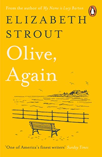 Yellow book cover with title "Olive, Again" and a coastal scene.