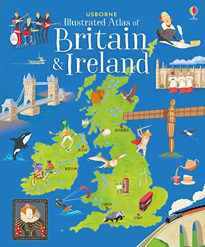 Colorful illustrated atlas cover of Britain and Ireland with landmarks and figures.