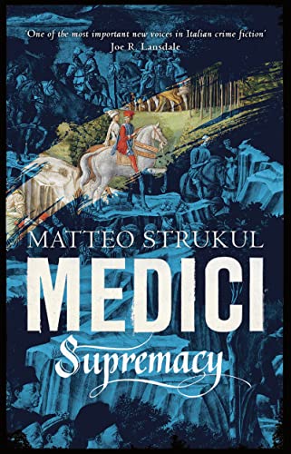 Book cover: “Medici Supremacy” with figures on horseback and Renaissance art.