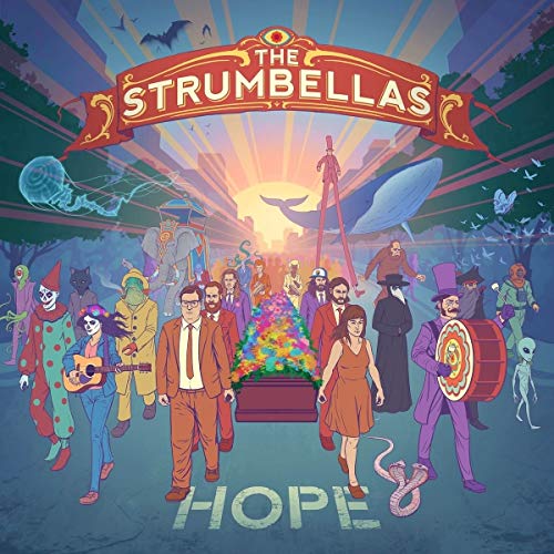 The image depicts a CD cover with cartoon characters and the title "The Strumbellas - Hope".