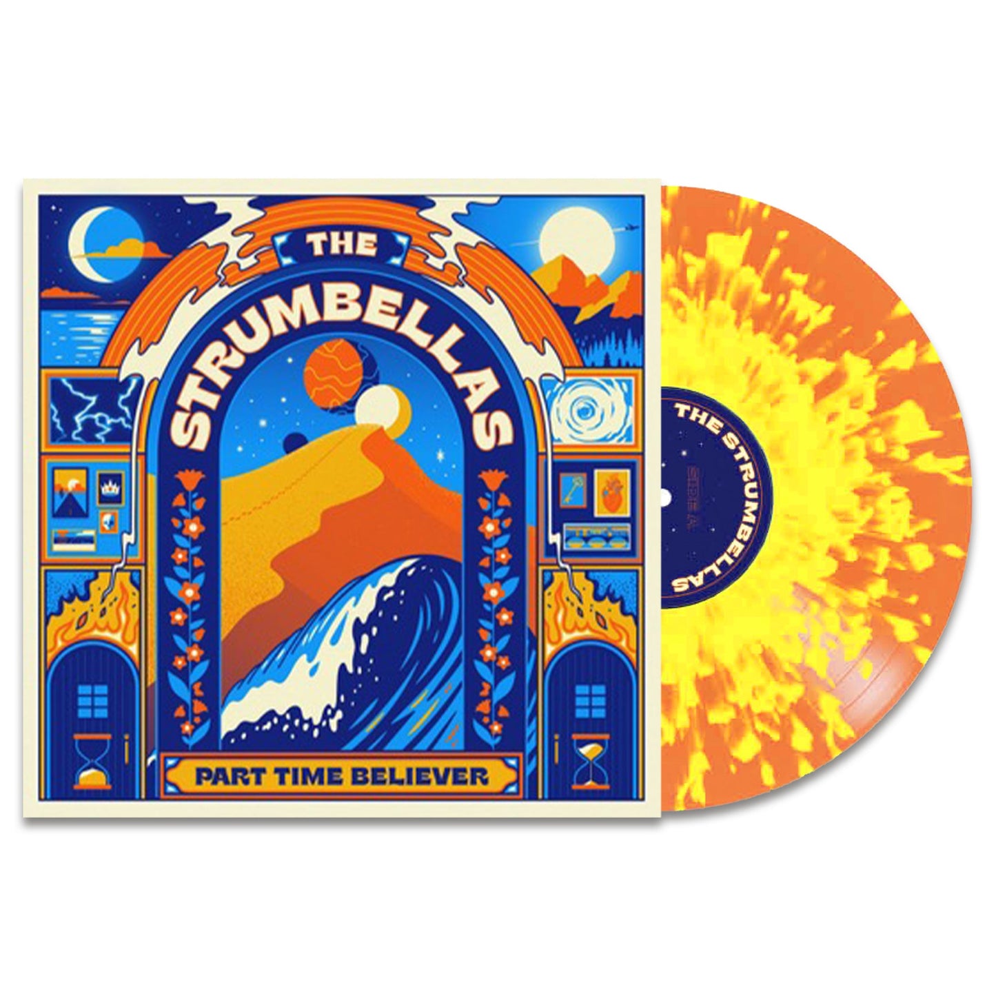 Vinyl record with colorful album art featuring waves, sun, and moon.