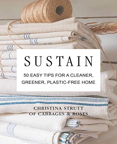 Book cover with stacked linens and twine, titled "Sustain.