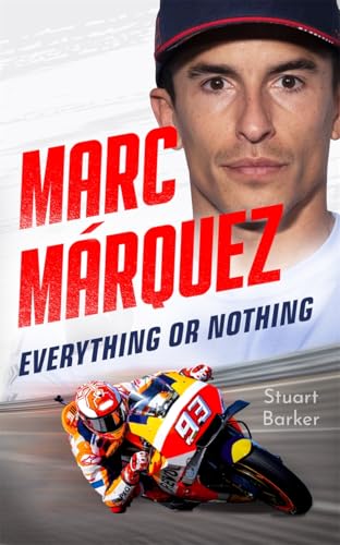 Book cover featuring Marc Marquez's face above a photo of him racing a motorcycle.