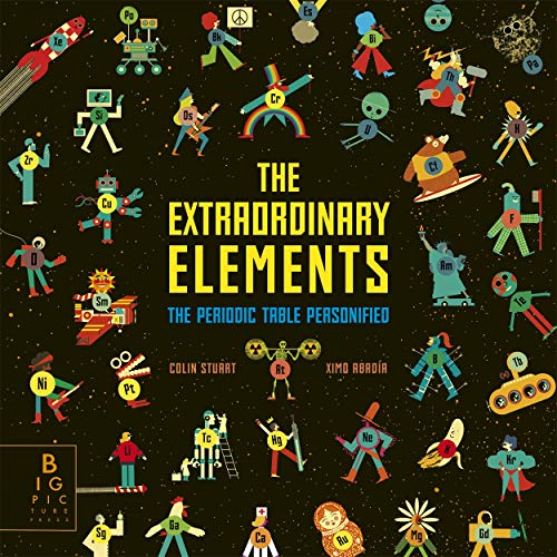 Book cover with colorful, cartoon-like personifications of chemical elements.