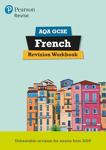 Pearson Revise AQA GCSE French Revision Workbook cover with a colorful European city illustration.