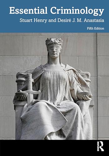 Book cover for "Essential Criminology" featuring Lady Justice sculpture.