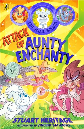 Book cover featuring cartoon characters, a dog, and a villainous woman against yellow background.