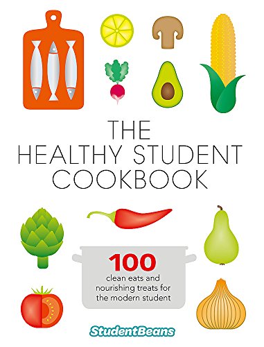 Cookbook cover with colorful illustrations of fruits, vegetables, and cooking tools.