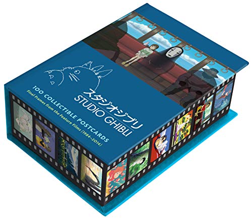 Blue box of 100 Studio Ghibli postcards with film strip details.