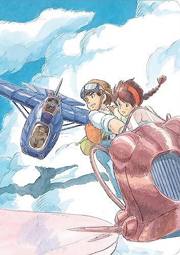 Watercolor illustration of two children in a flying machine among clouds.