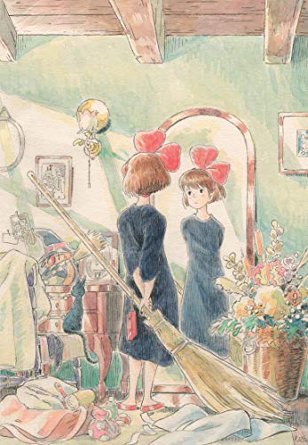 Kiki with Jiji looks in a mirror, holding a broom and package.