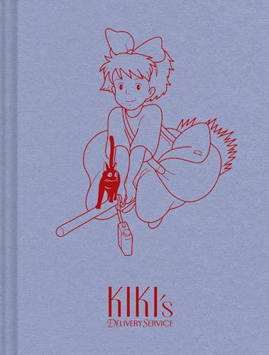 Red line art of Kiki and Jiji on a blue notebook cover.