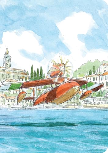 Red seaplane flying over a coastal town with buildings and water.