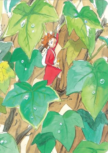 Arrietty, a small girl in red, climbs amongst large green leaves.