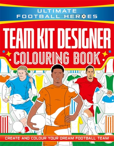 Colouring book cover with three footballers and a background of kits.