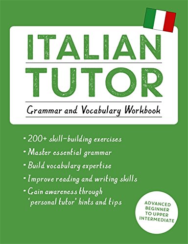 Green cover of “Italian Tutor” workbook with Italian flag detail.